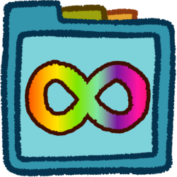 a rainbow infinity sign. It's inside a teal folder that has green and orange folder tabs behind it.